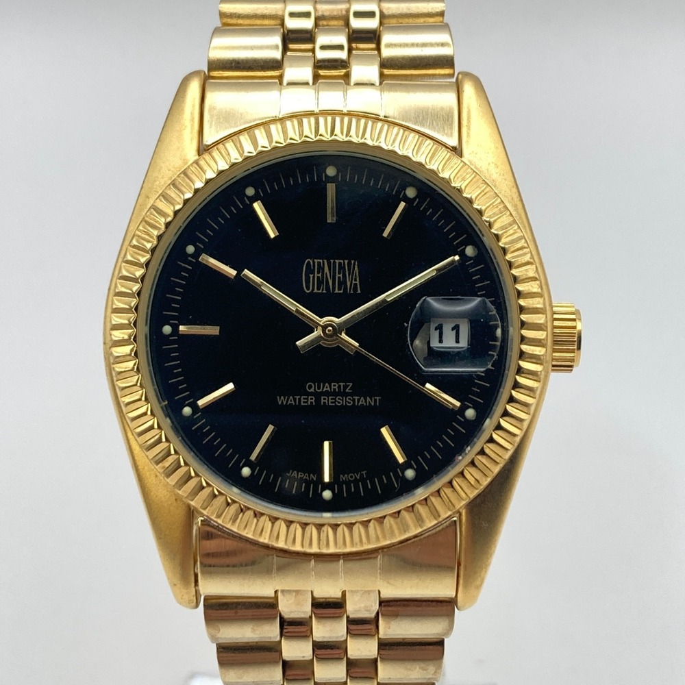 Geneva Men's Dress Watch 35mm Gold Tone Black Dial Date Bubble New Battery 7.75"